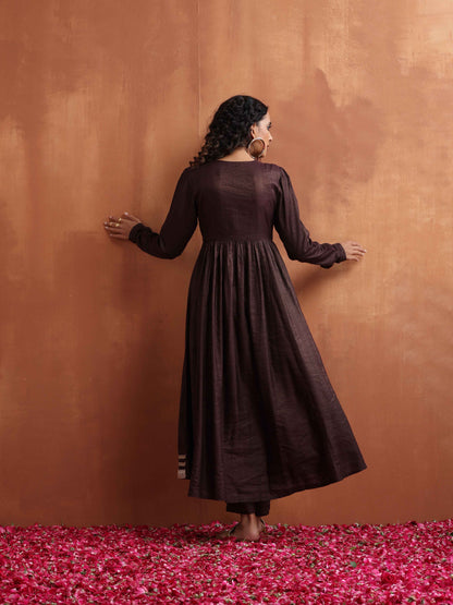 trueBrowns Brown Metallic Flared Anarkali Kurta Set