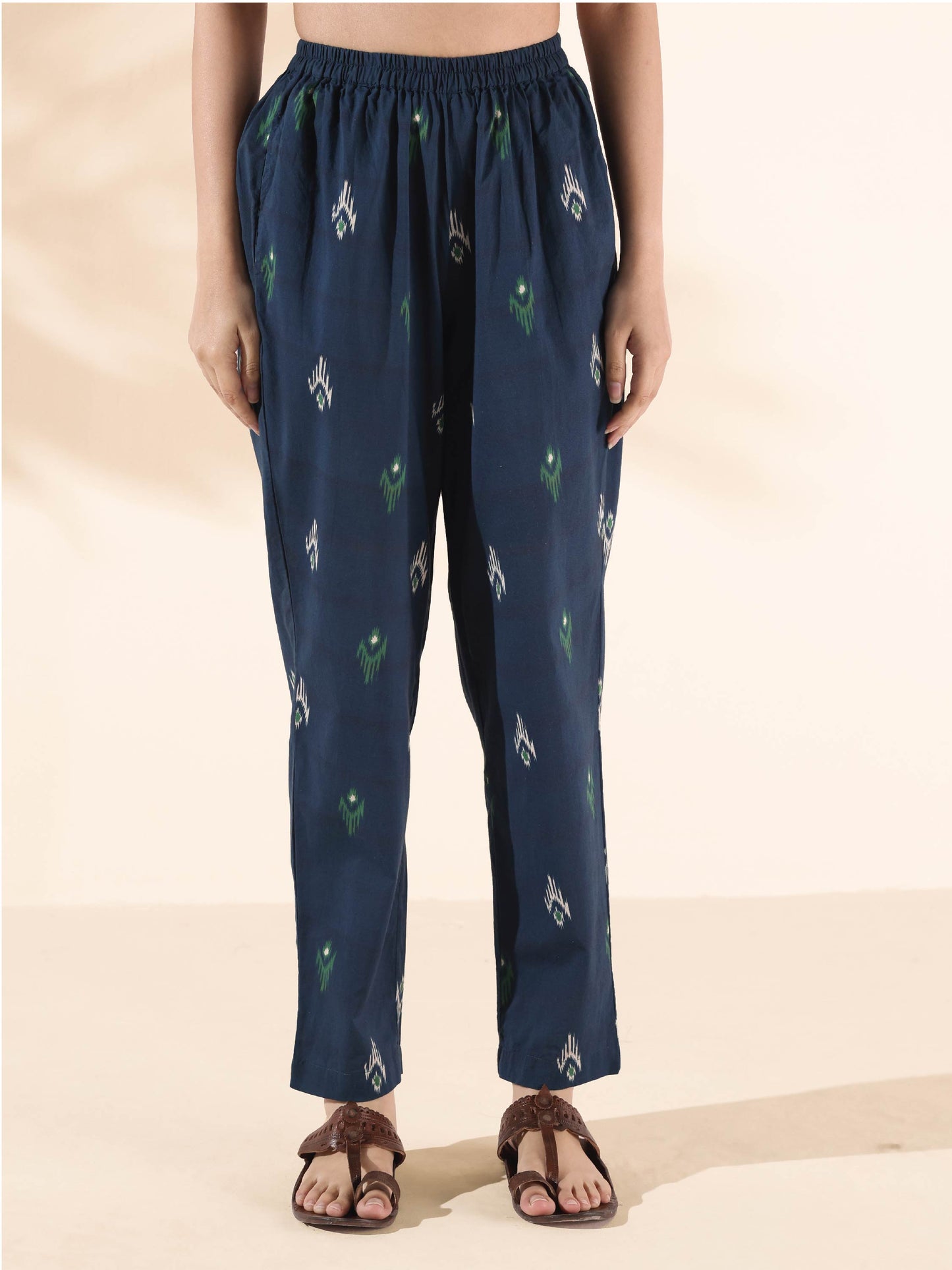 trueBrowns Green Cotton Ikat Flared Kurta Pant Set