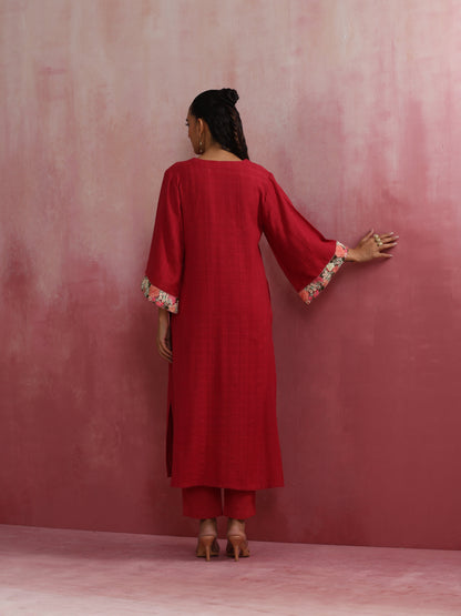 trueBrowns Red Straight Cotton Dobby Kurta Set