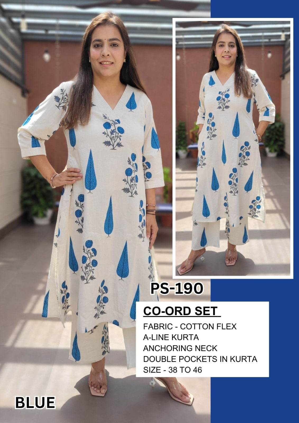 Reeval Blue And Beige 2 Pcs Cotton Co-Ord Set-48Hr Delivery