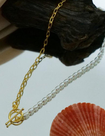 Gold Plated Half Pearl Half  Link Chain