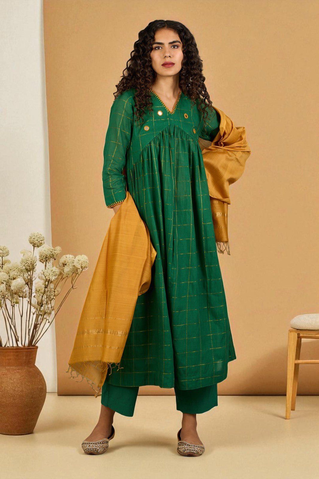 Maati Craft Emerald Checks  & Gold V-Neck Gather Anarkali