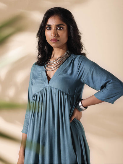trueBrowns Turquoise Viscose Dobby Flared Kurta Pant Set