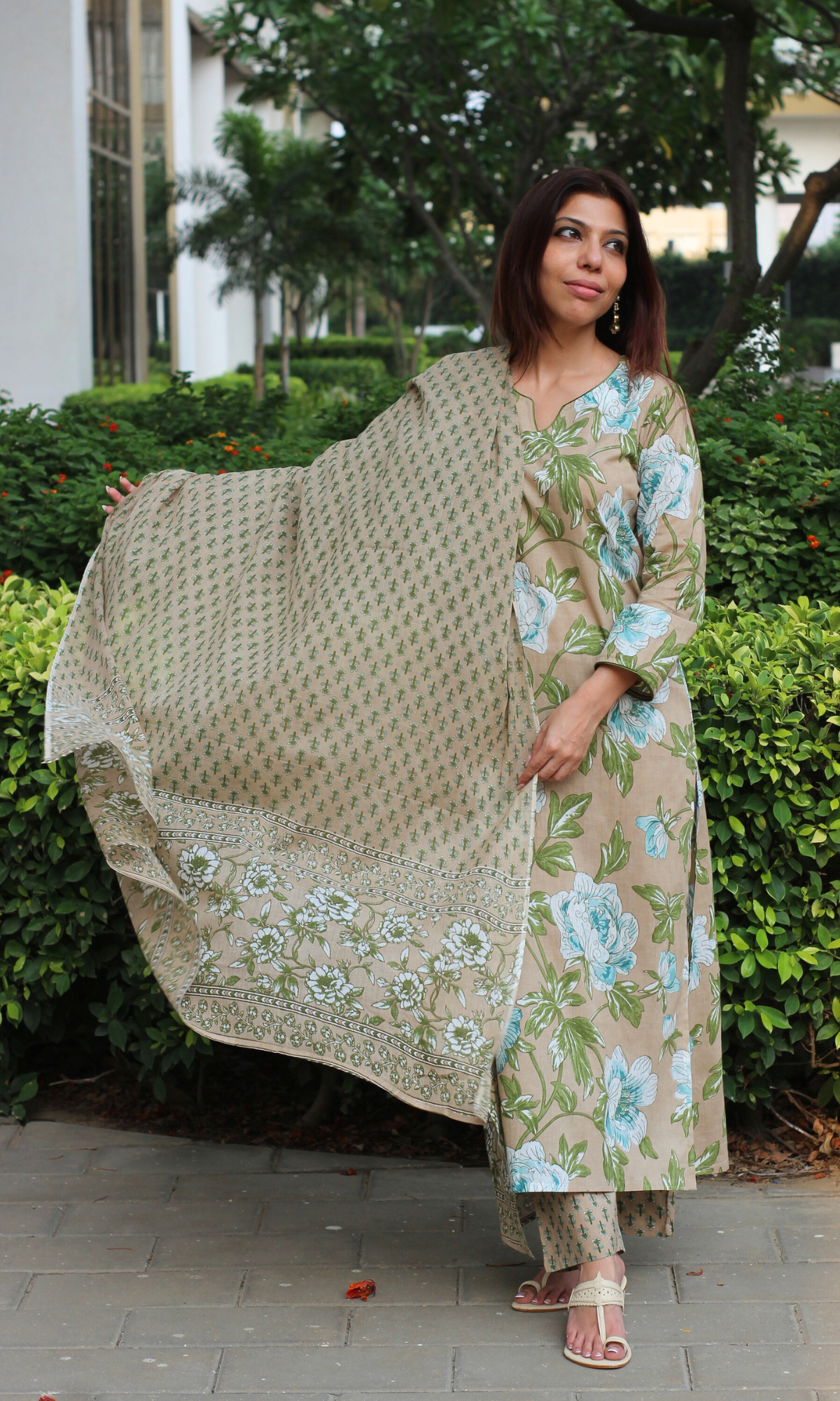 Baareeki Cotton Caramel Bloom Print Suit with Cotton Printed Dupatta