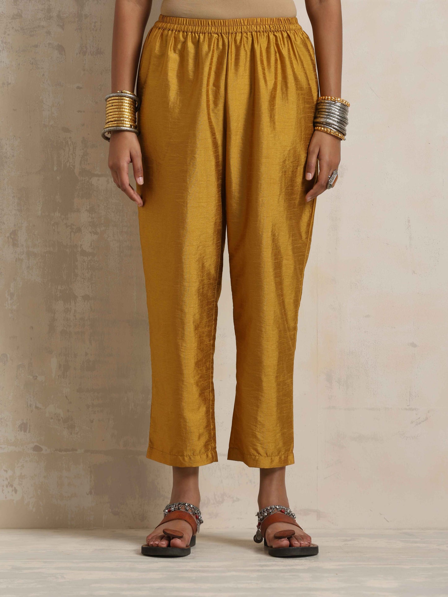 trueBrowns Gold Orange Silk A-line Kurta Set