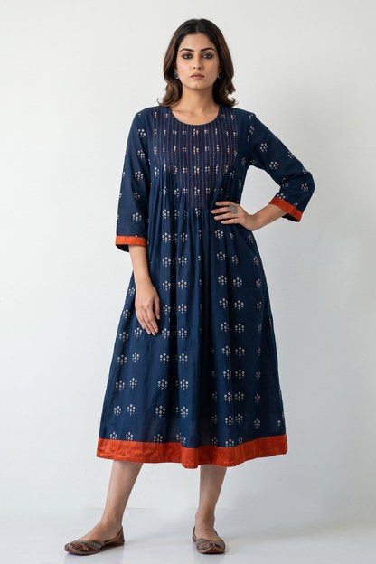Navy Floral Bunch Cotton Kurta Top With Pintuck Mc