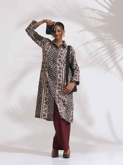 trueBrowns Beige Cotton Geometric Print Shirt Kurta Set