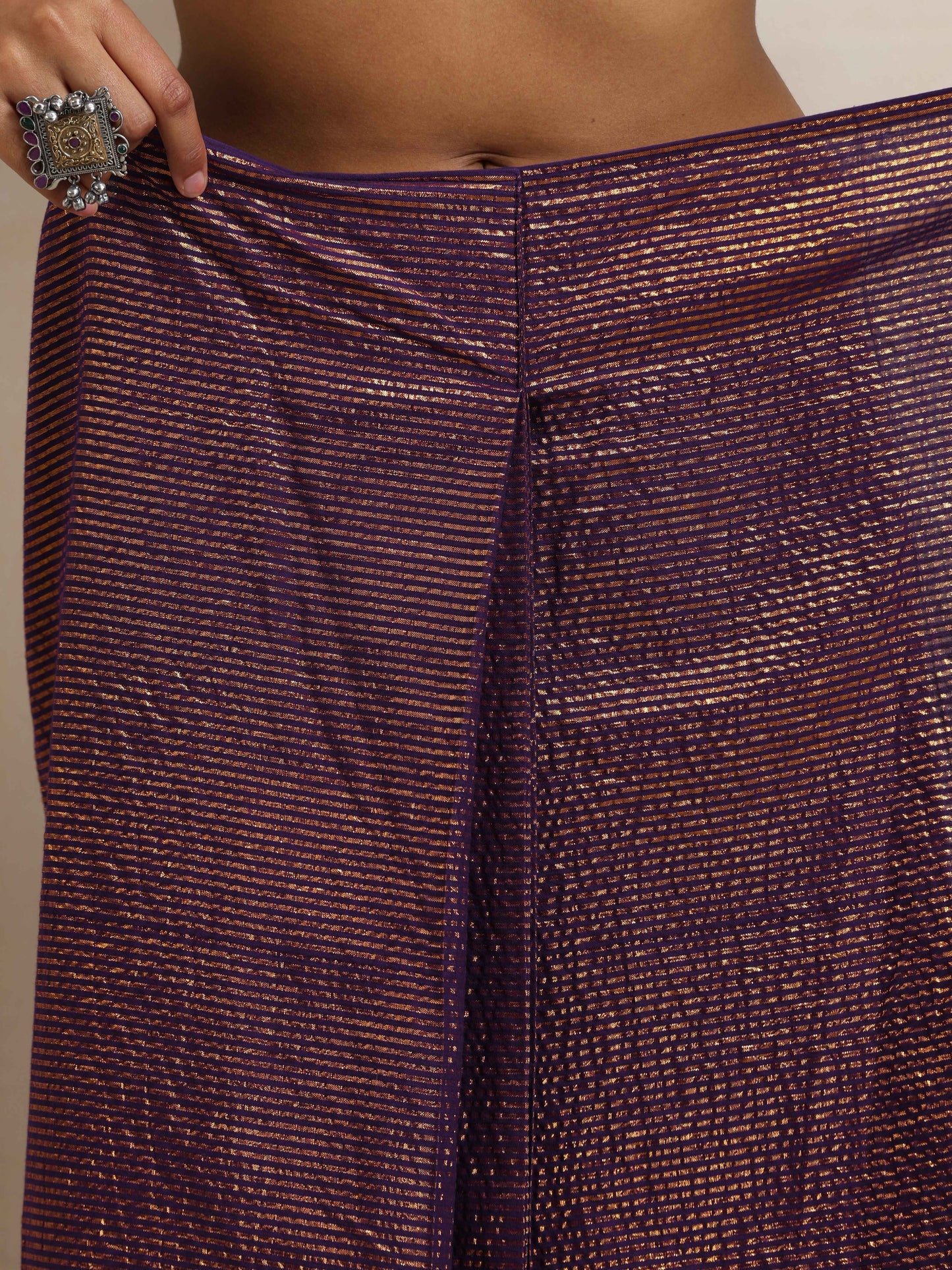 trueBrowns Purple Gold Metallic Ready To Wear Saree