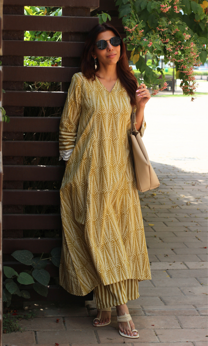 Baareeki Cotton Handblock Mustard Leafline A line , Laced Sleeve Kurta with Pants
