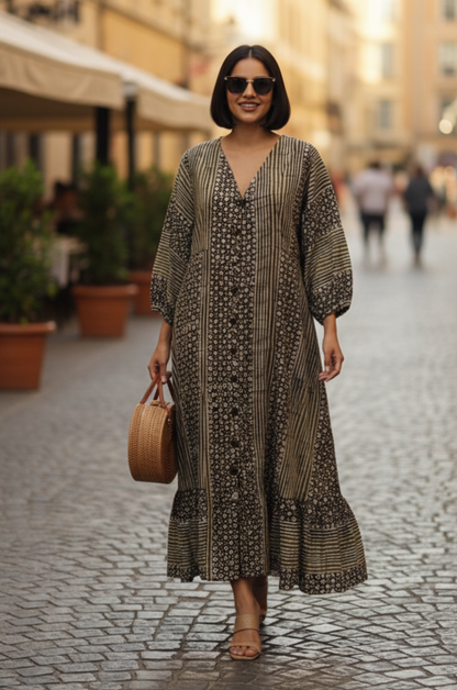 Maati  Olive Merlot Front Button Cotton Dress With Ruffle Border