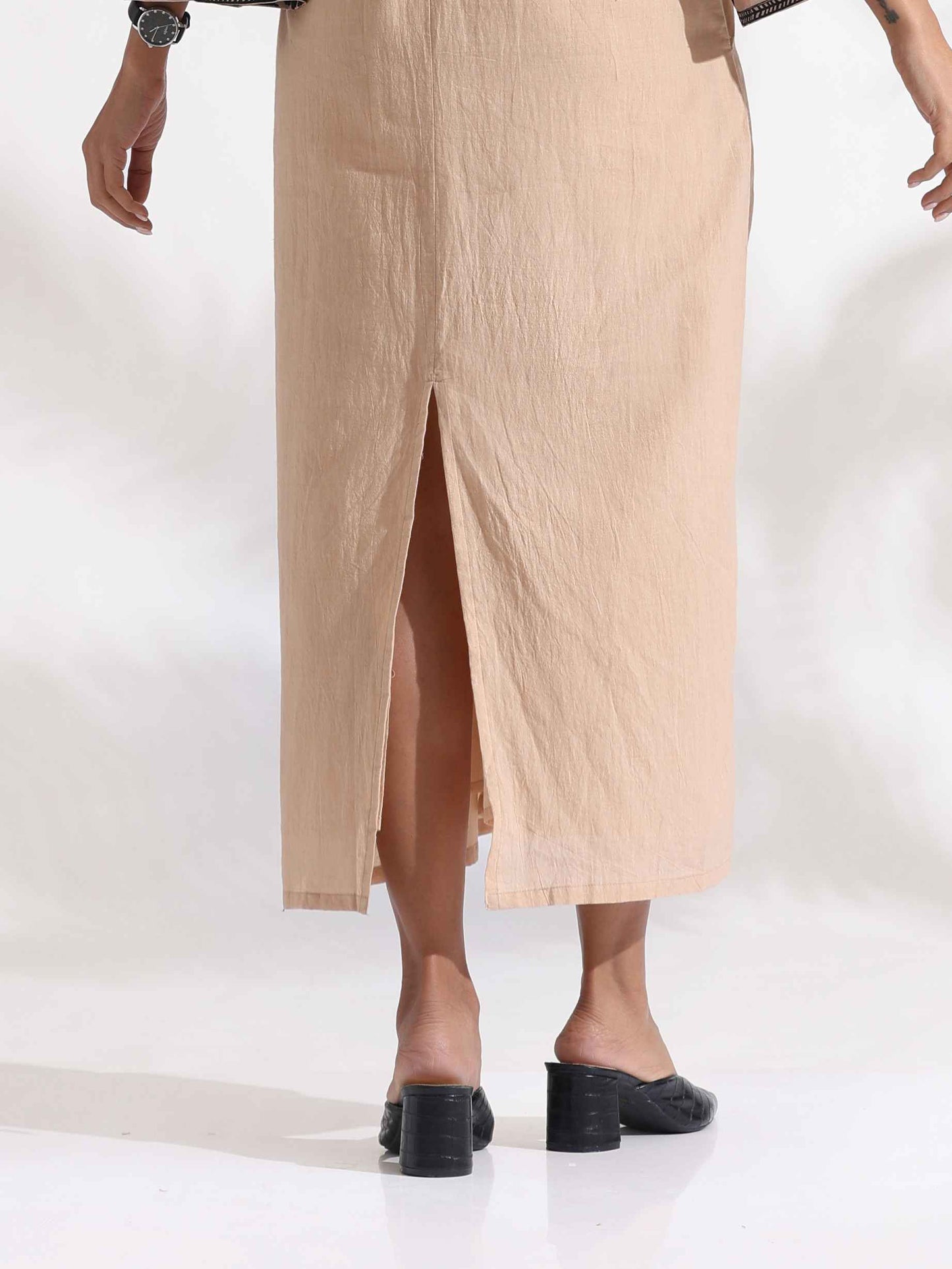trueBrowns Beige Cotton Print Long Dress