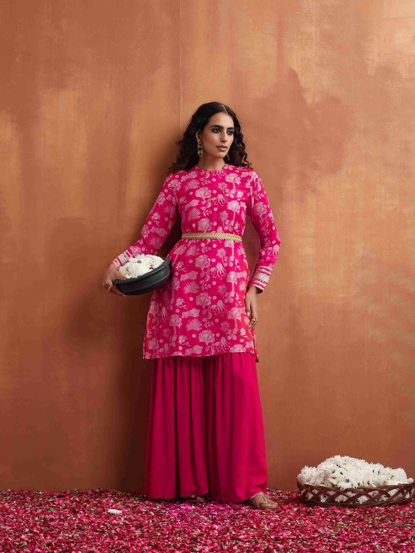 trueBrowns Red Print Sharara Set
