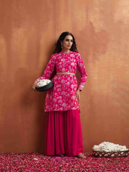 trueBrowns Red Print Sharara Set