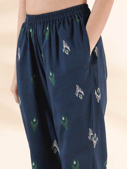 trueBrowns Green Cotton Ikat Flared Kurta Pant Set