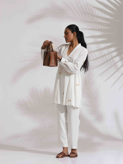 trueBrowns Off-White Cotton Embroidered A-line Co-ord Set