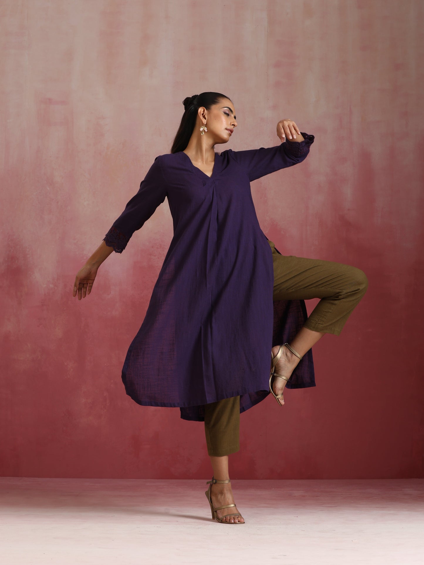 trueBrowns Purple Cotton Dobby Kurta Set