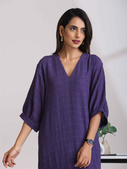 trueBrowns Purple Cotton Dobby Slit Dress LP