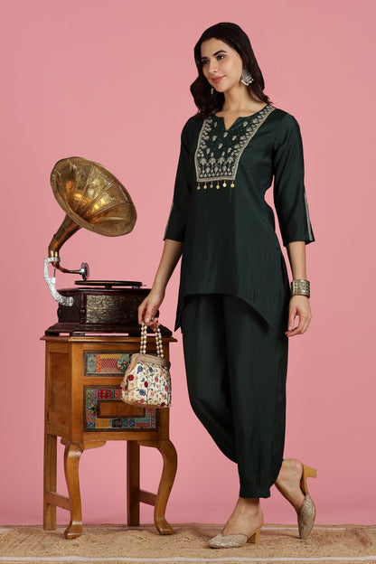 Chanderi Silk Bottle Green Kurta and Pants with Pocket  2PCS Set - LP