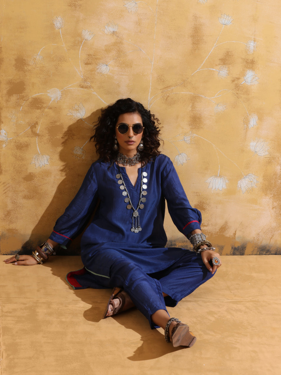 trueBrowns Blue Muslin Silk Relaxed Kurta Co-ord Set LP