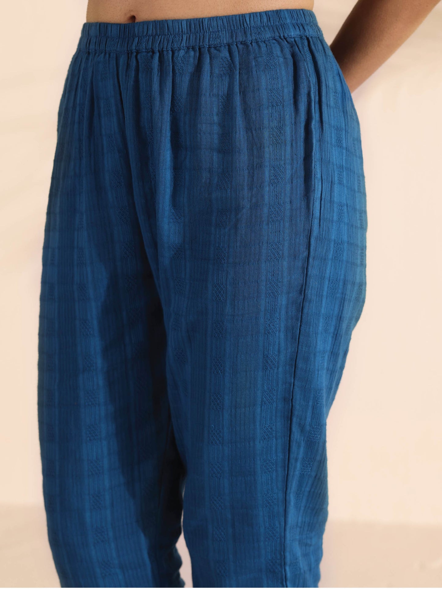 trueBrowns Blue Cotton Dobby Flared Kurta Pant Set