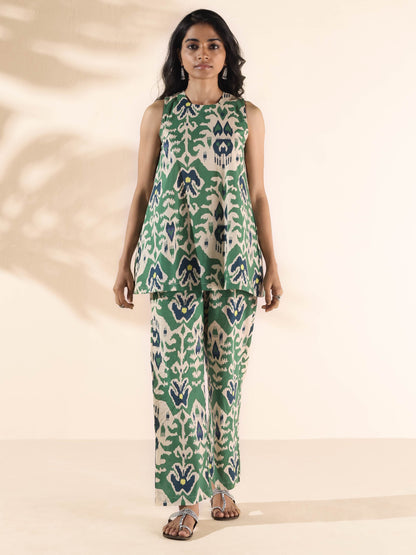 trueBrowns Green Cotton Ikat Sleeveless Co-ord Set