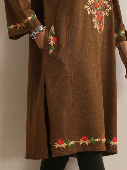 trueBrowns Brown Kashmiri Embroidered Woollen Phiran Kurta