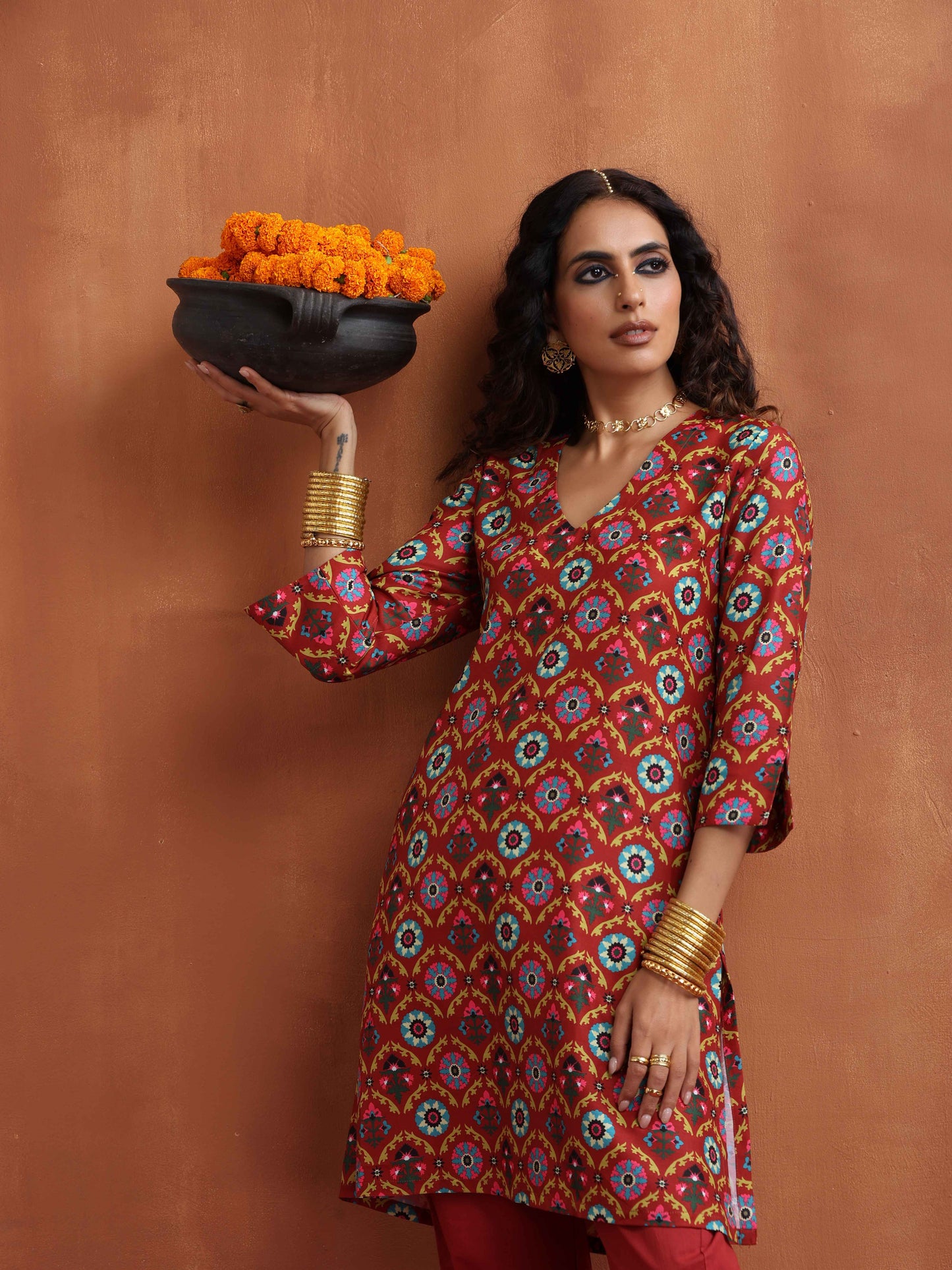 trueBrowns Rust Print Kurta Co-ord Set