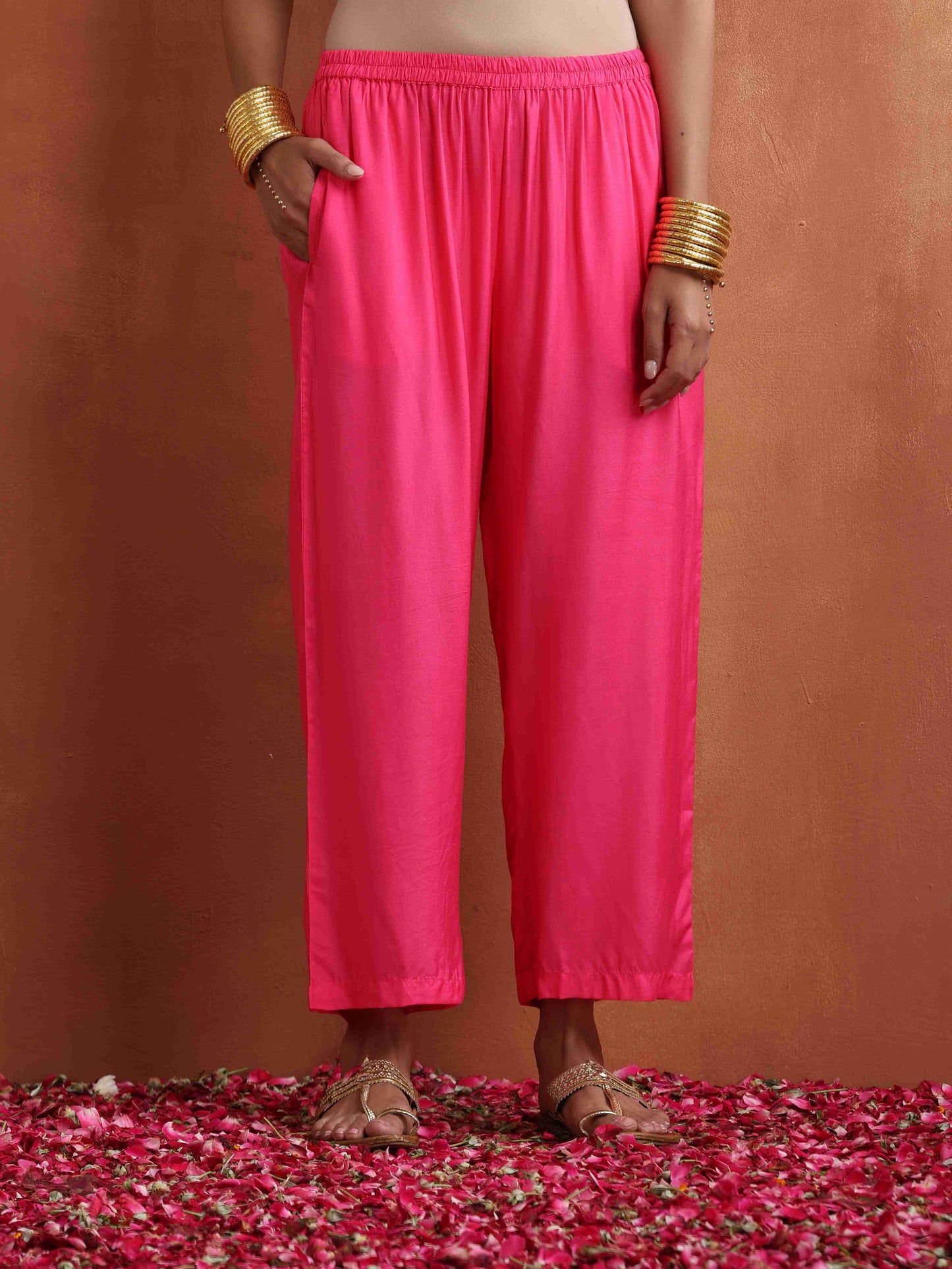 trueBrowns Pink Print High Slit Kurta Set