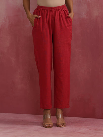 trueBrowns Red Straight Cotton Dobby Kurta Set