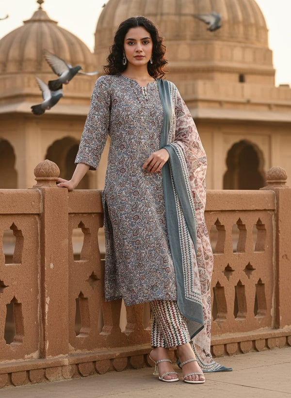 Ruh Grey Printed Pure Cotton 3-Piece Salwar Suit LP- 48Hr Delivery