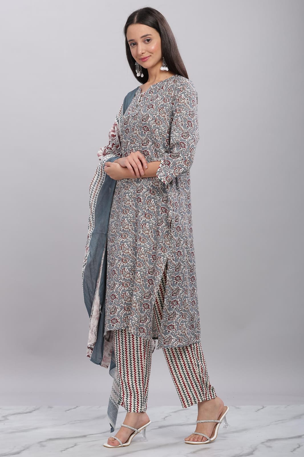 Ruh Grey Printed Pure Cotton 3-Piece Salwar Suit LP- 48Hr Delivery