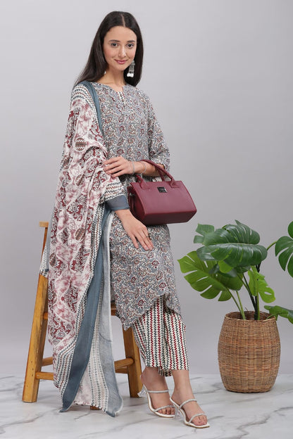 Ruh Grey Printed Pure Cotton 3-Piece Salwar Suit LP- 48Hr Delivery