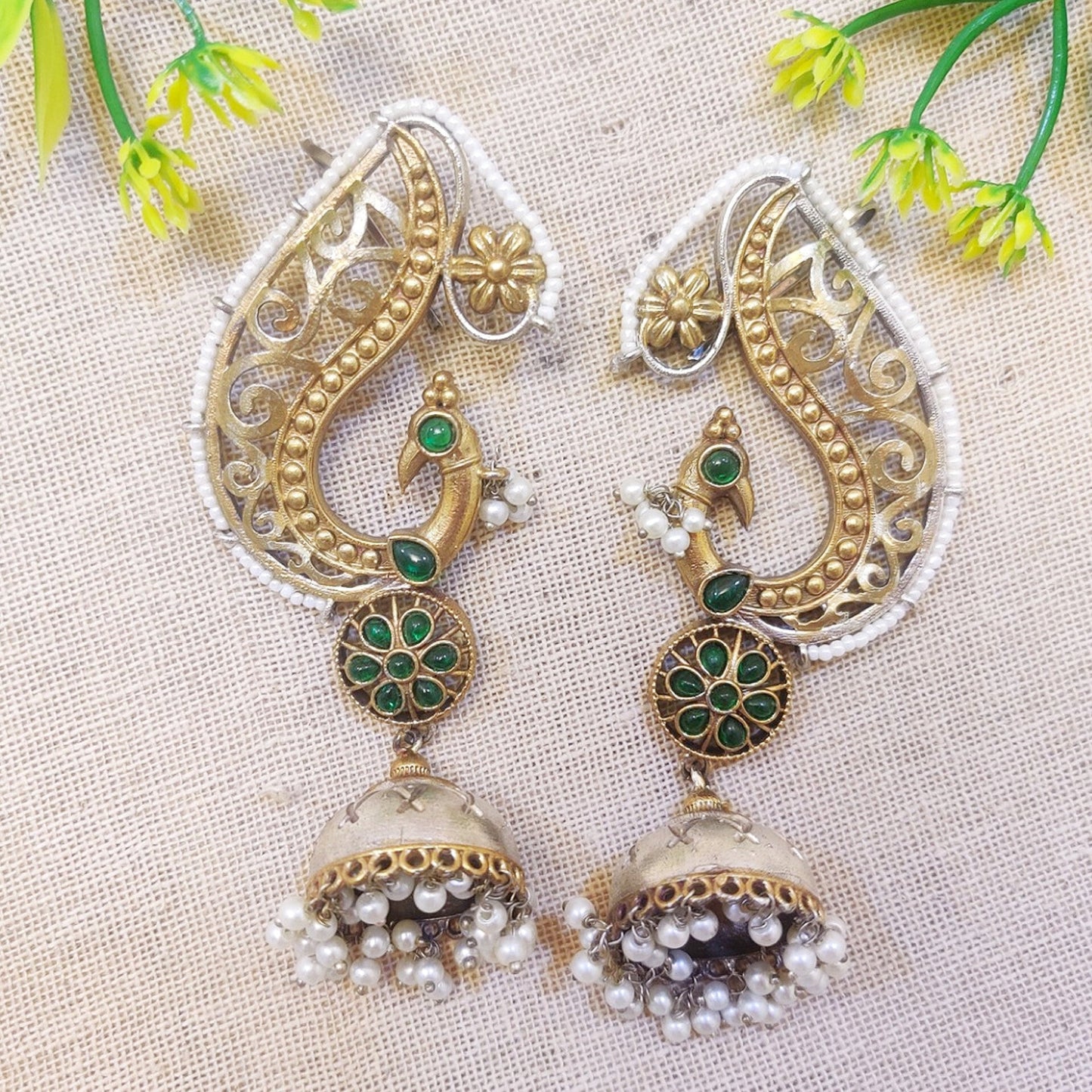 Sajni  Silver Look Alike Dual Tone Peacock Earrings