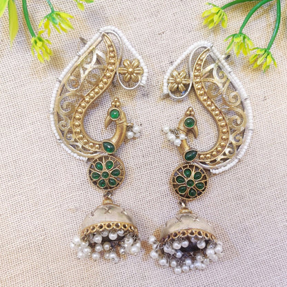 Sajni  Silver Look Alike Dual Tone Peacock Earrings