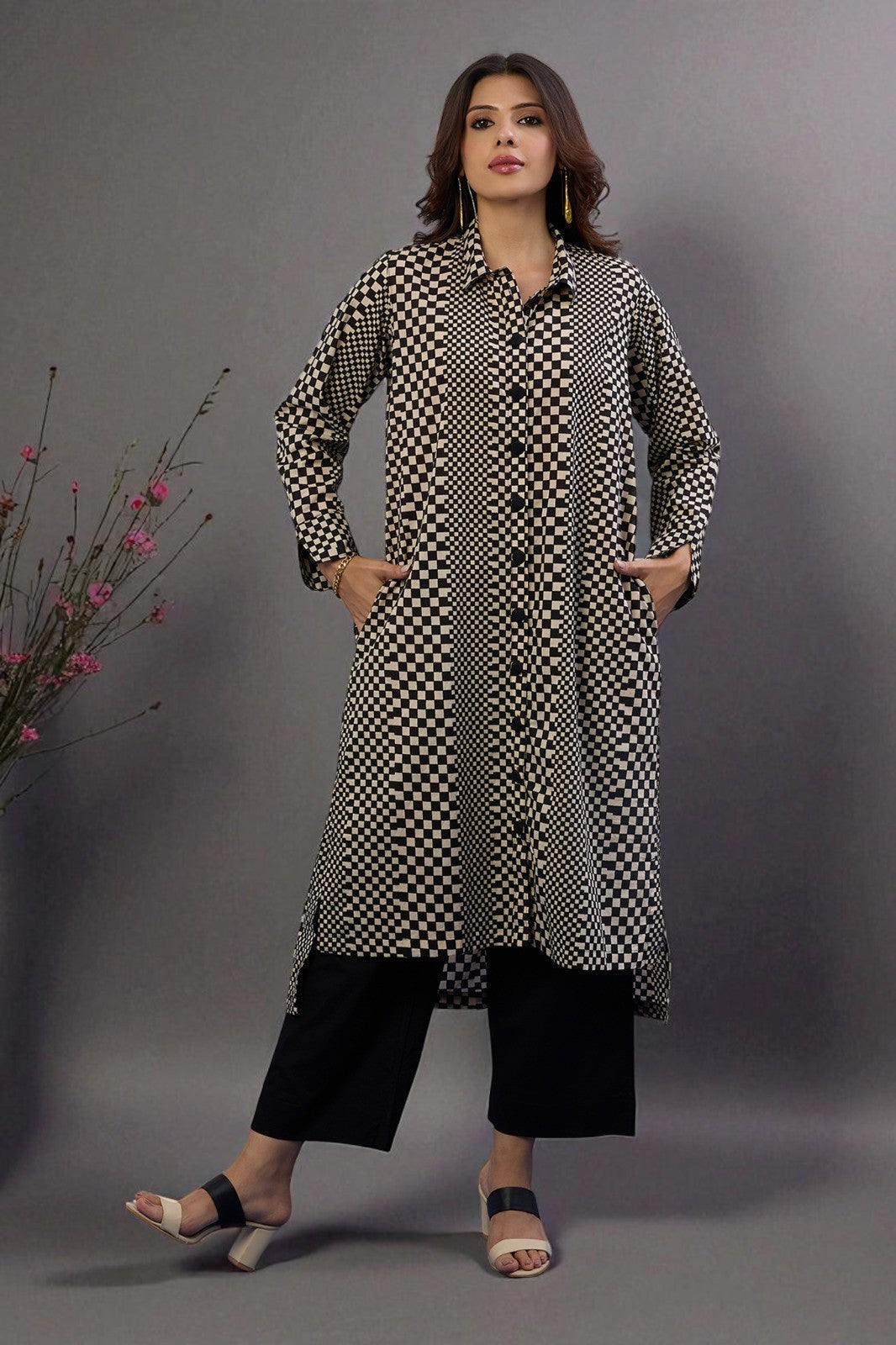 Black and white checker board printed long hi low hemline shirt dress