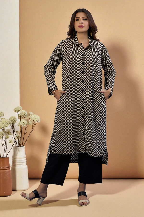 Black and white checker board printed long hi low hemline shirt dress
