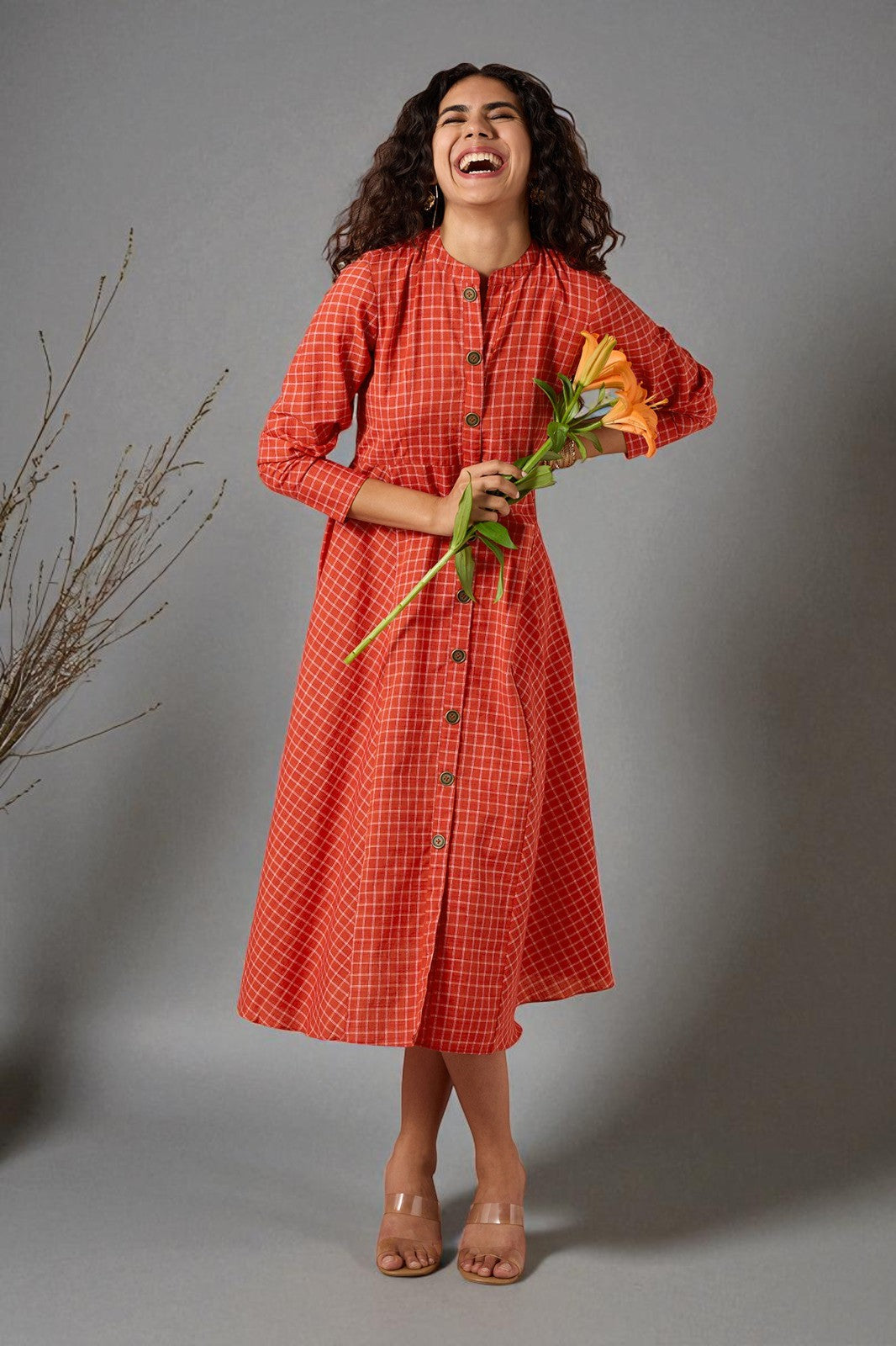 Maati Craft Terra Grid Flared Panel Midi Dress