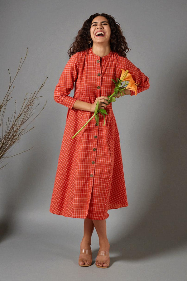 Maati Craft Terra Grid Flared Panel Midi Dress