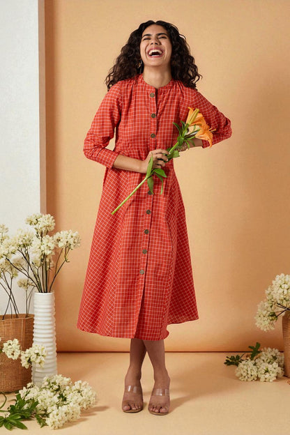 Maati Craft Terra Grid Flared Panel Midi Dress