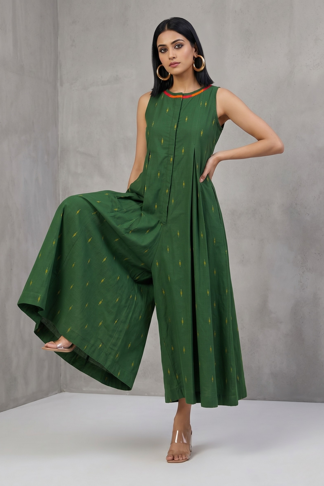 Moss Gold Butti Cotton Sleeveless Button Down Jumpsuit