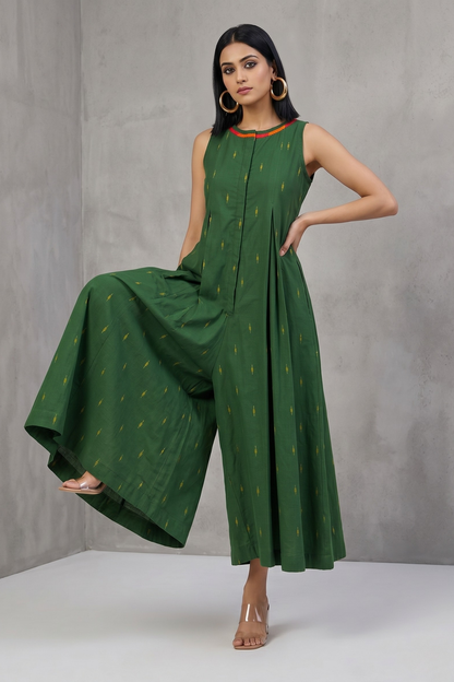 Moss Gold Butti Cotton Sleeveless Button Down Jumpsuit