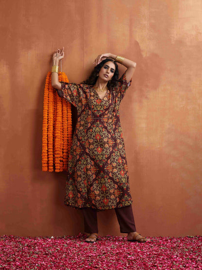 trueBrowns Brown Floral Print Kaftan Kurta Set