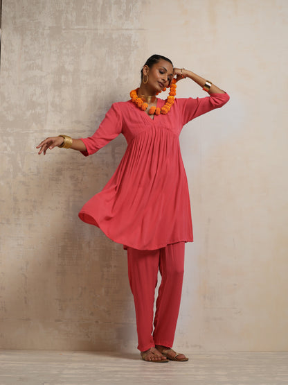 trueBrowns Peach Crinkle Flared Kurta Co-ord Set