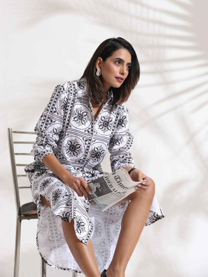 trueBrowns White Cotton Print Shirt Dress