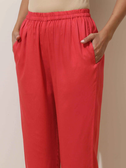 trueBrowns Coral Viscose Solid Kurta Pant Set