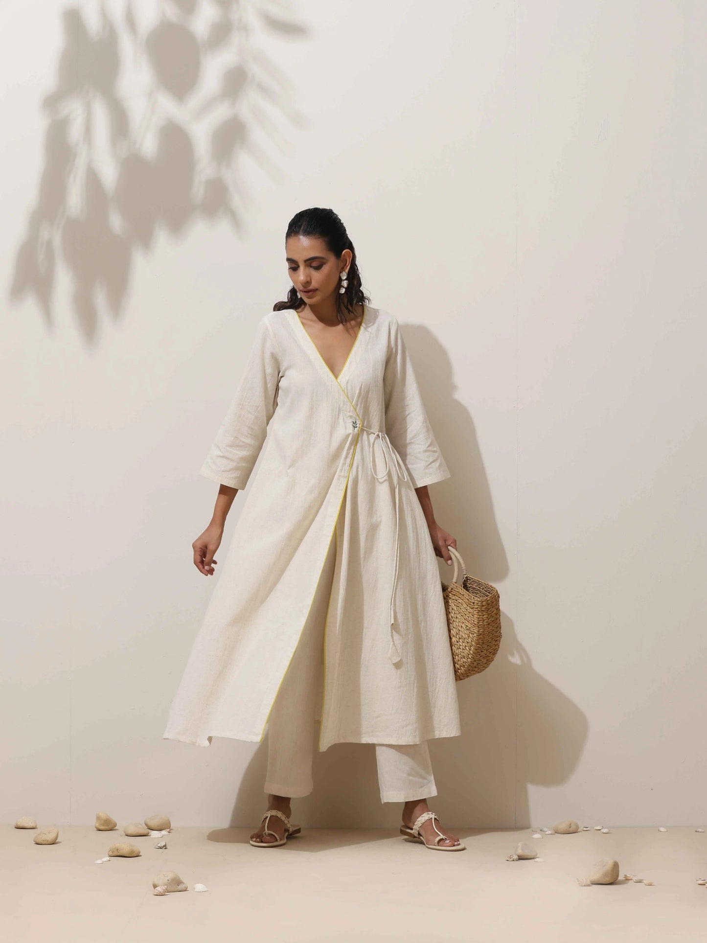 trueBrowns Off White Cotton Angrakha Kurta Pant Set