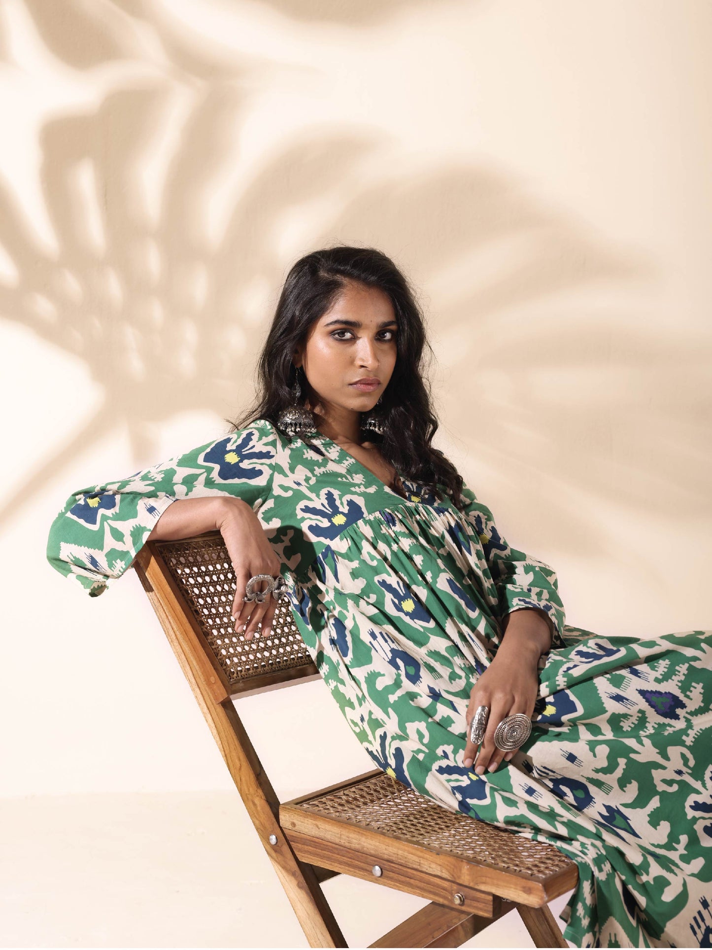 trueBrowns Green Cotton Ikat Flared Kurta Pant Set