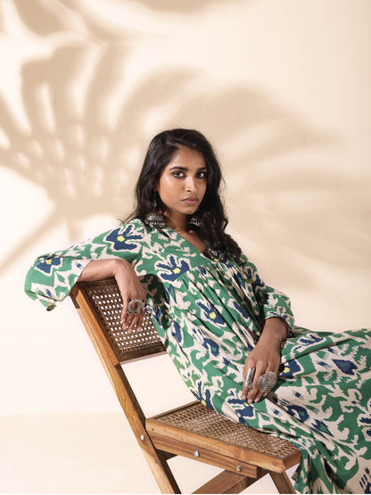trueBrowns Green Cotton Ikat Flared Kurta Pant Set