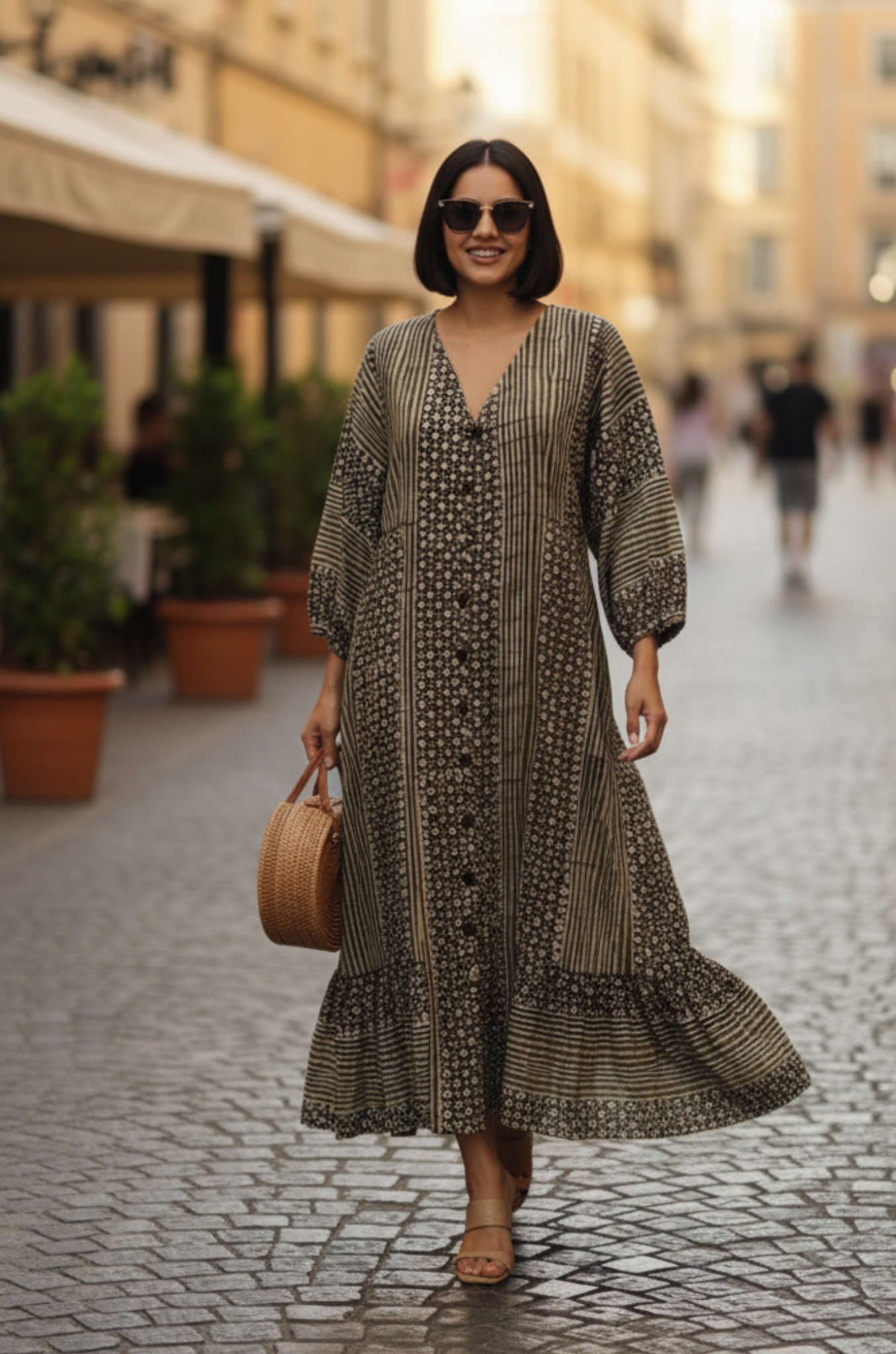 Maati  Olive Merlot Front Button Cotton Dress With Ruffle Border