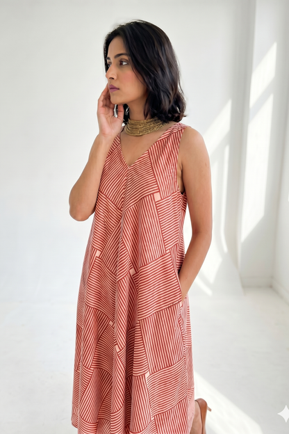 Crimson Grid Play Cotton Sleeveless Strap V-Neck Bias Dress